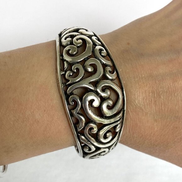 Sterling Silver 925 Chunky Openwork Scrollwork Wide Cuff Bracelet Sz 6" 36g - Picture 2 of 16